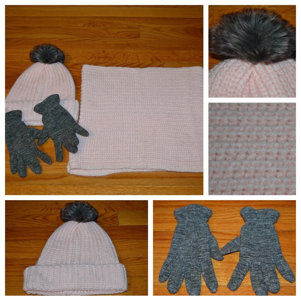 Youth girls Crazy 8 pink knit hat, scarf and fleece glove set, size S 4-6